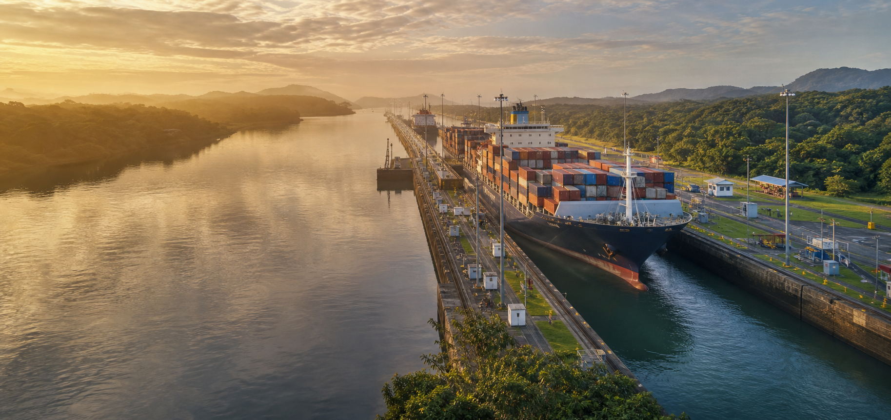 A container ship transiting the Panama Canal locks in warm morning light
